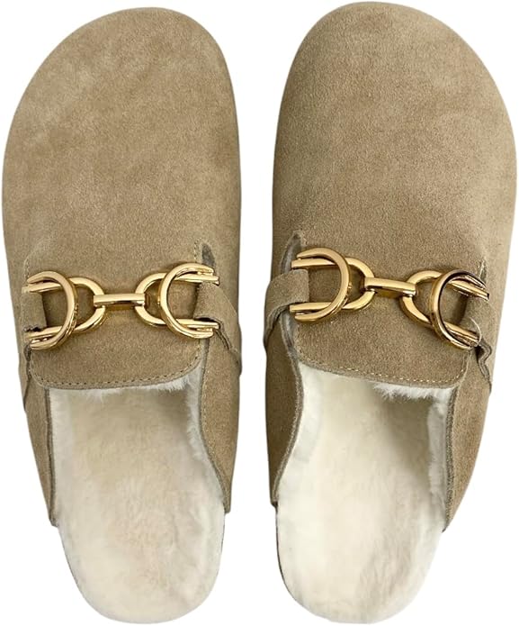 OS1820 Beige OOG Damen Leder Hausschuhe Slipper Clogs mit Teddyfelldecksohle